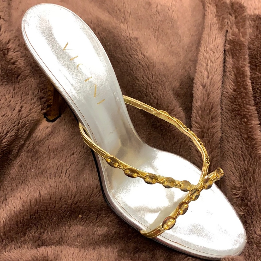 Vicini Silver and Gold Slide Sandal Heels with Metal Accent.  8.5